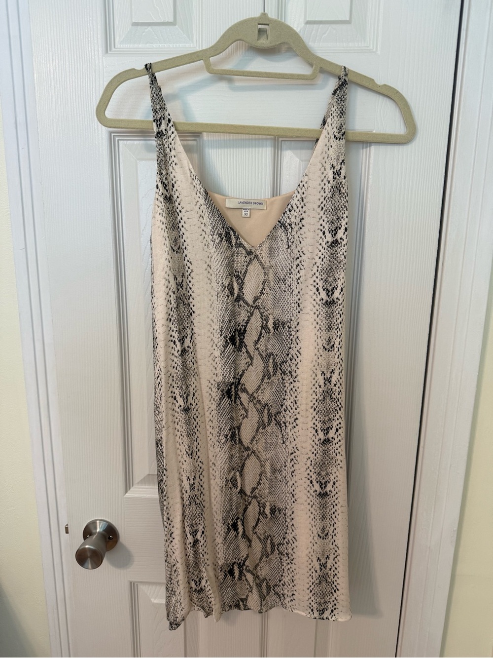 Lavender Brown Snake Print Slip Dress in Beige and Black Trim